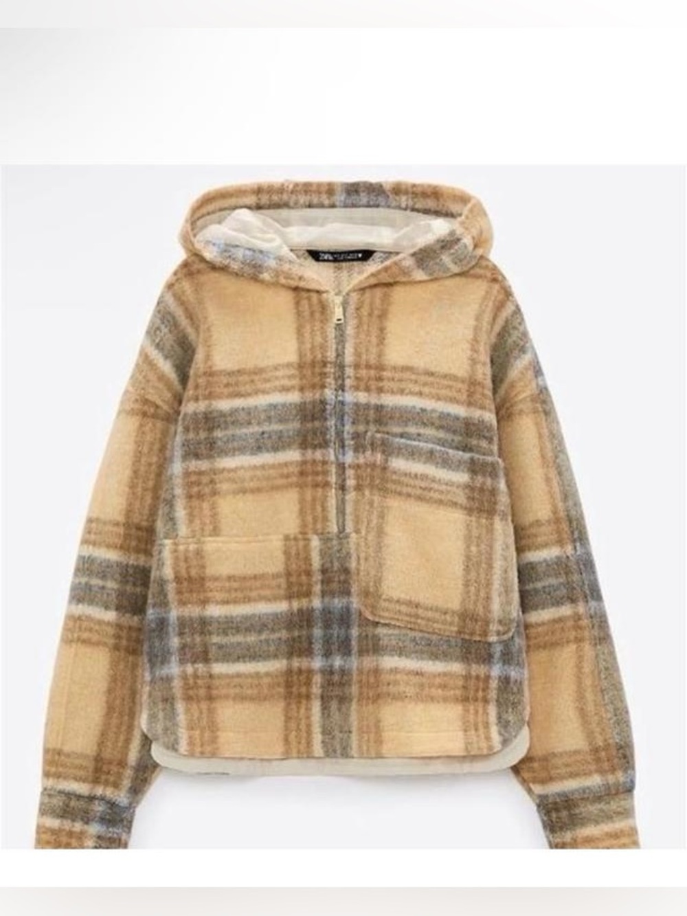 Zara Neutral Yellow Wool Blend Plaid Fleece Hooded Sweatshirt Boxy Fit Sz. S